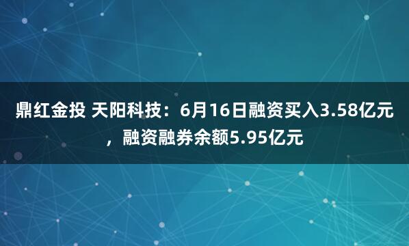 鼎红金投 天阳科技:6月16日融资买入3.58亿元,融资融券余额5.95亿元